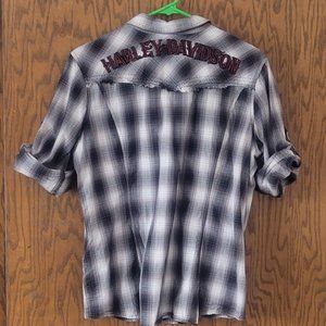 Harley Davidson Rolled Sleeve, Black Plaid Women's Shirt - large